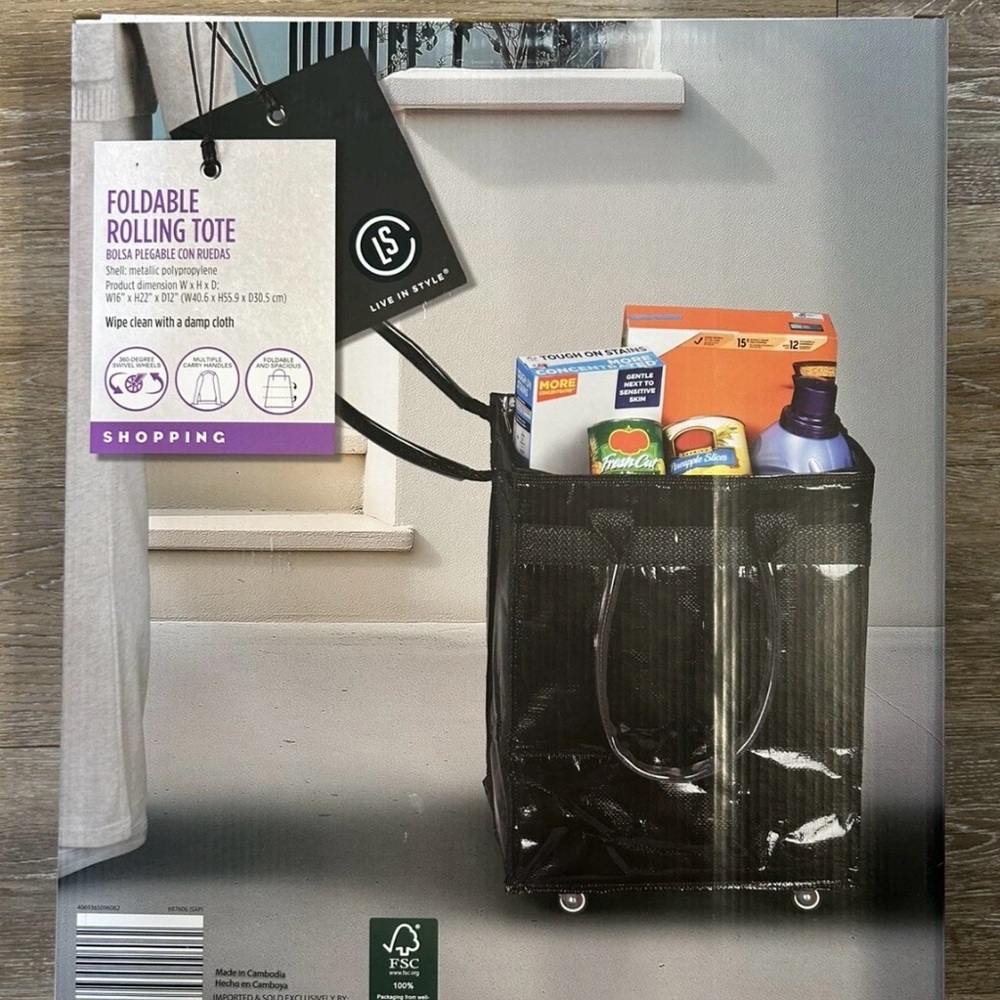 Aldi Life In Stride Foldable Rolling Tote Metallic Black New In Box - Picture 4 of 4